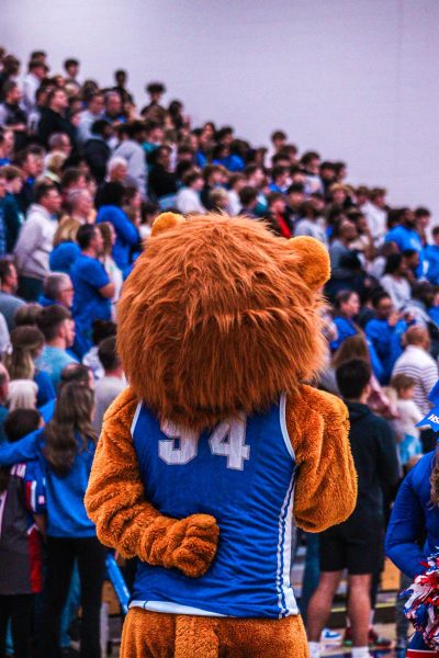 HSE's mascot Roary listening to the Star-Spangled Banner